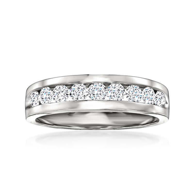 14kt white gold diamond channel-set ring with round stones, polished band