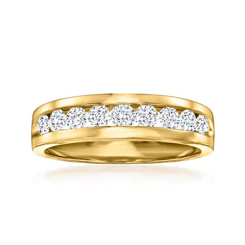 14kt yellow gold channel-set diamond ring with round brilliant stones across the top