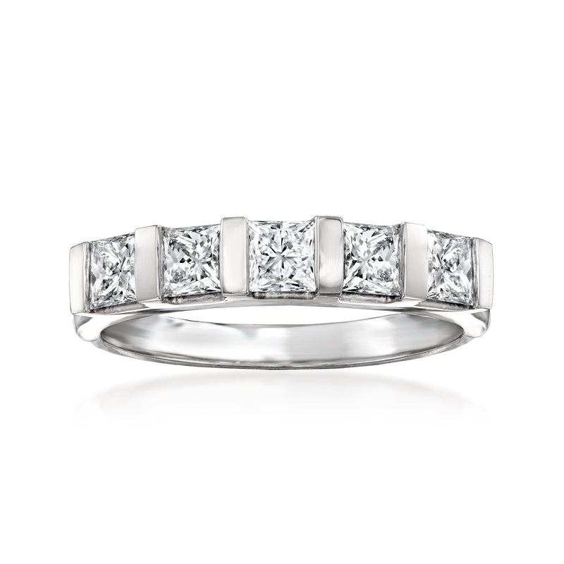 14kt white gold princess-cut diamond ring with row of square stones on band