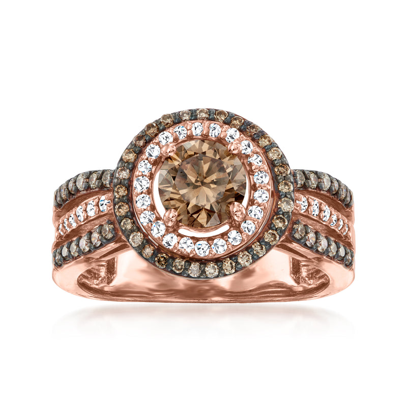 Rose gold diamond ring with oval chocolate center stone and sparkling halo