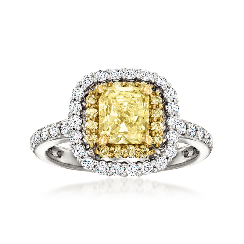 Two-tone gold diamond ring with cushion yellow center and white diamond halo, prong set