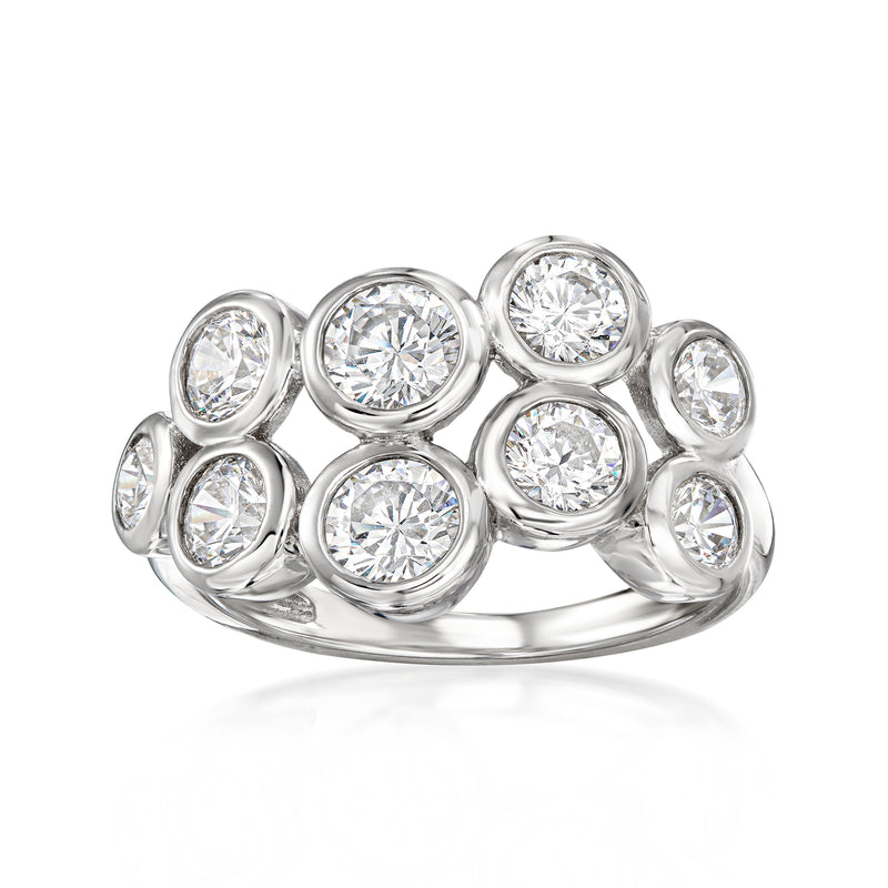 Sterling silver CZ bubble ring with round clear stones, raised halo style