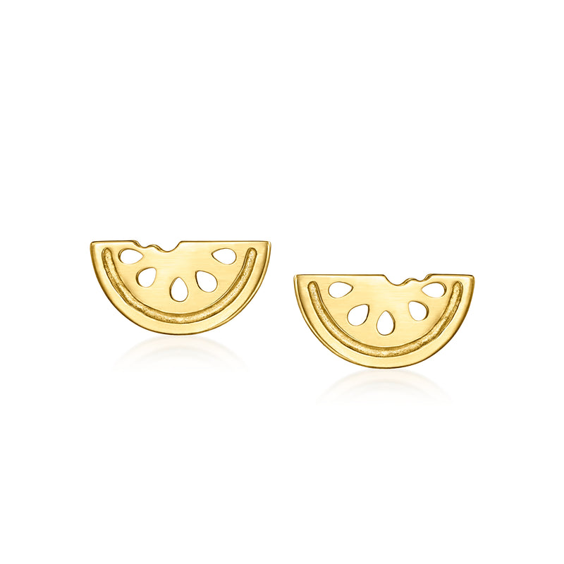 Pair of 14kt yellow gold watermelon-slice stud earrings with cutout seeds