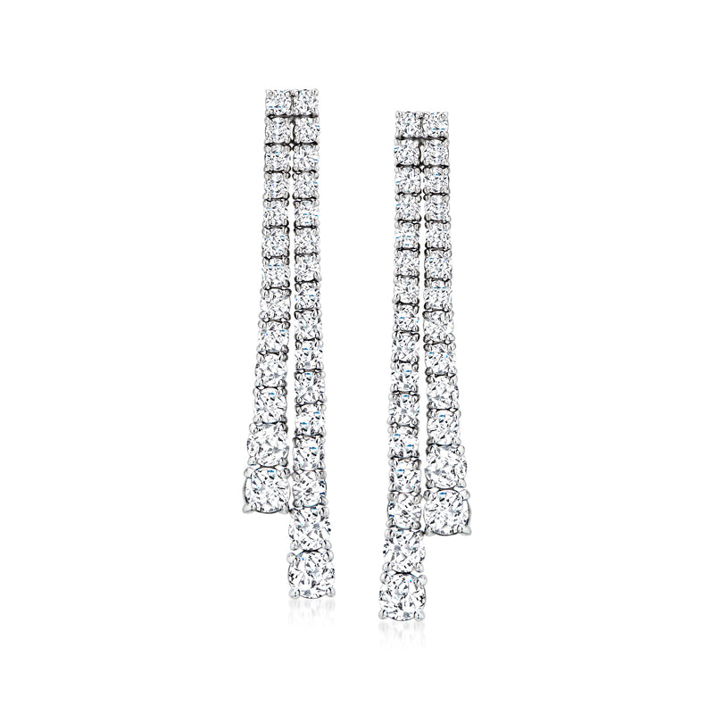 Diamond two-row linear drop earrings in 14kt white gold, vertical rows of round stones