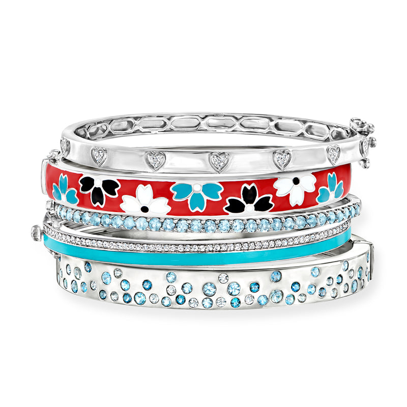 Set of five sterling silver bangle bracelets with red, turquoise, heart and rhinestone details