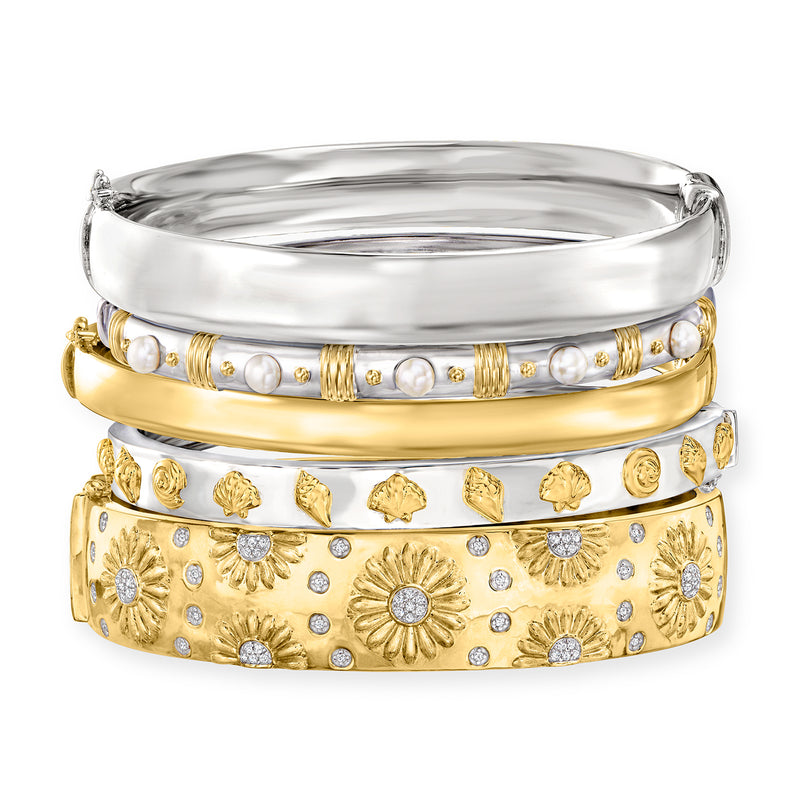 Set of five two-tone bangle bracelets with gold and silver finishes, jeweled engraved bands