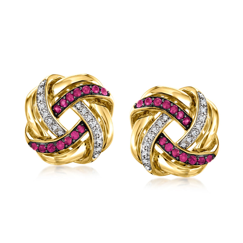 Gold over sterling love-knot hoop earrings with ruby red stones and white diamond accents