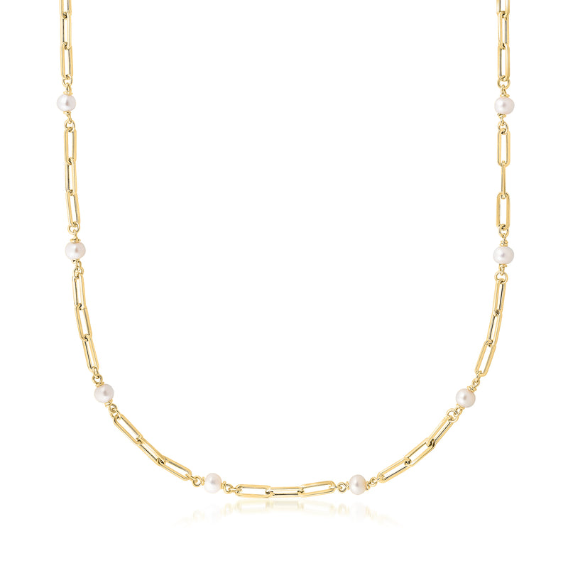 14kt yellow gold paper-clip link necklace with small cultured pearls along chain