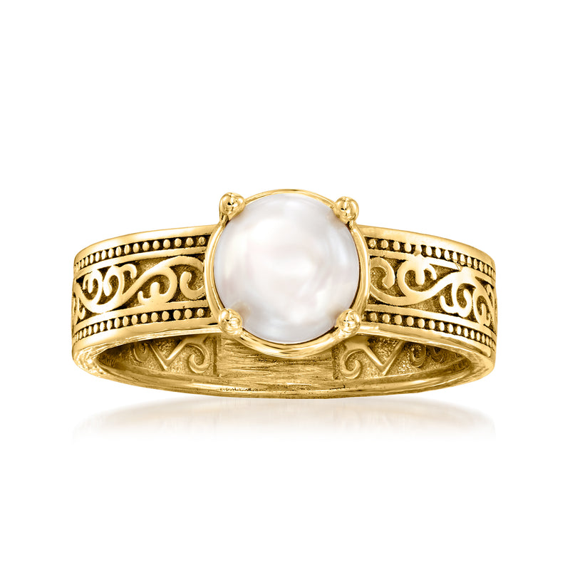 Gold-tone cultured pearl scrollwork ring with round white pearl, wide band