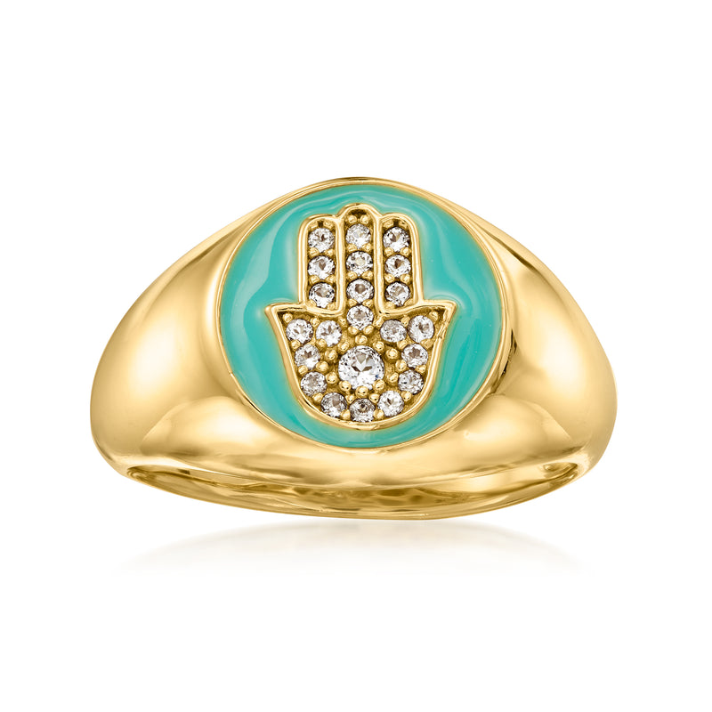 Gold over sterling hamsa ring with turquoise blue enamel and sparkling stones