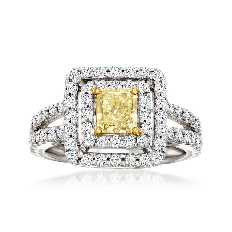 Yellow cushion diamond ring with white diamond halo, 14kt gold setting