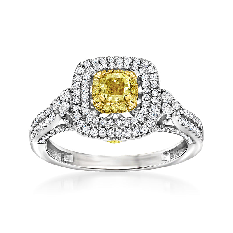 14kt white gold diamond ring with a yellow center stone and white diamond halo