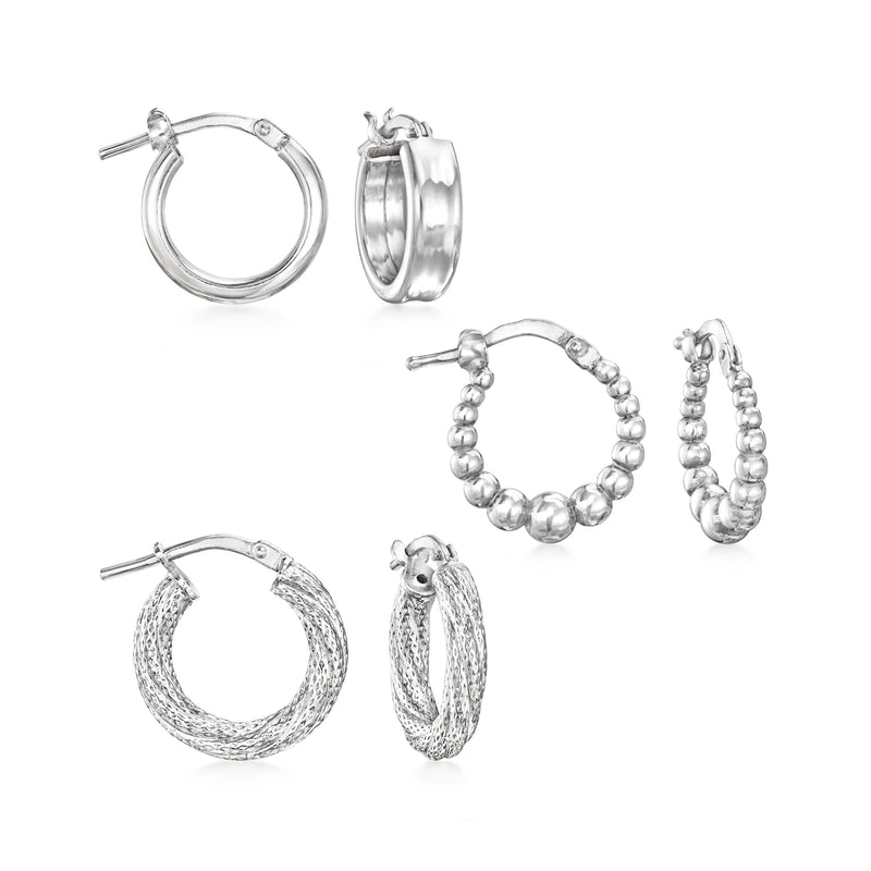 Sterling silver hoop earring set with three pairs in mixed hoop styles