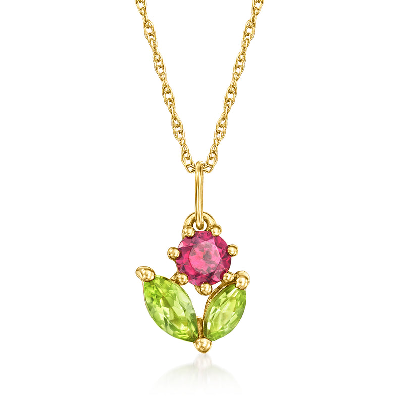 14kt yellow gold flower pendant necklace with rhodolite pink and peridot green stones
