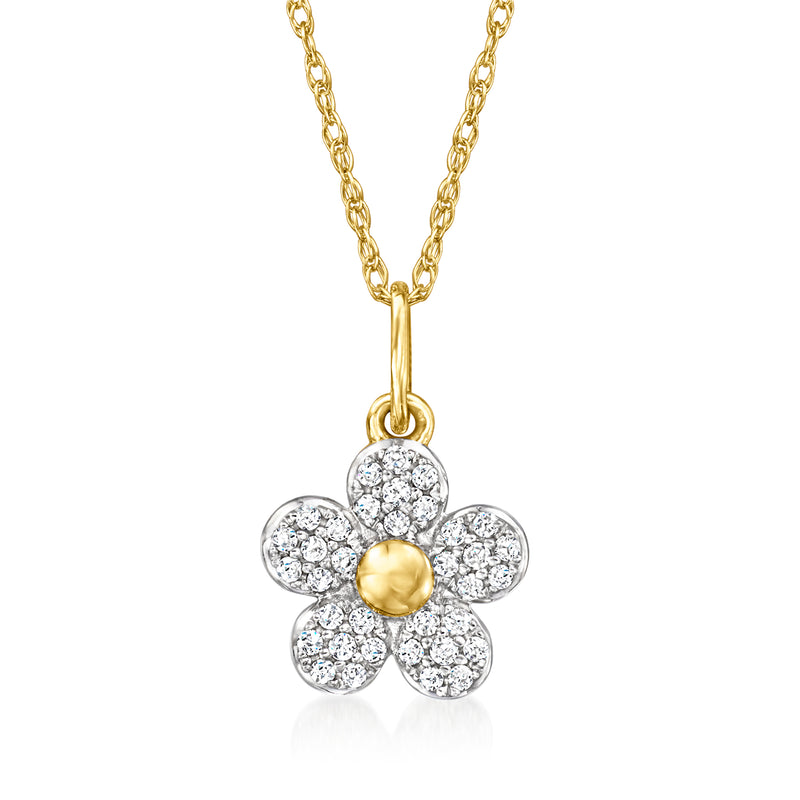 14kt yellow gold diamond flower pendant necklace with five round stones and gold center