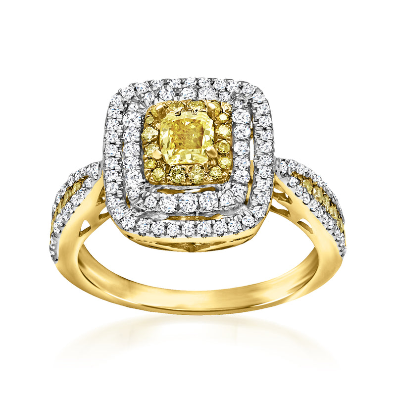 Yellow gold diamond ring with square yellow center stone and white diamond halo