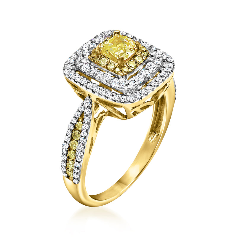 Yellow gold ring with yellow center diamond and white diamond halo