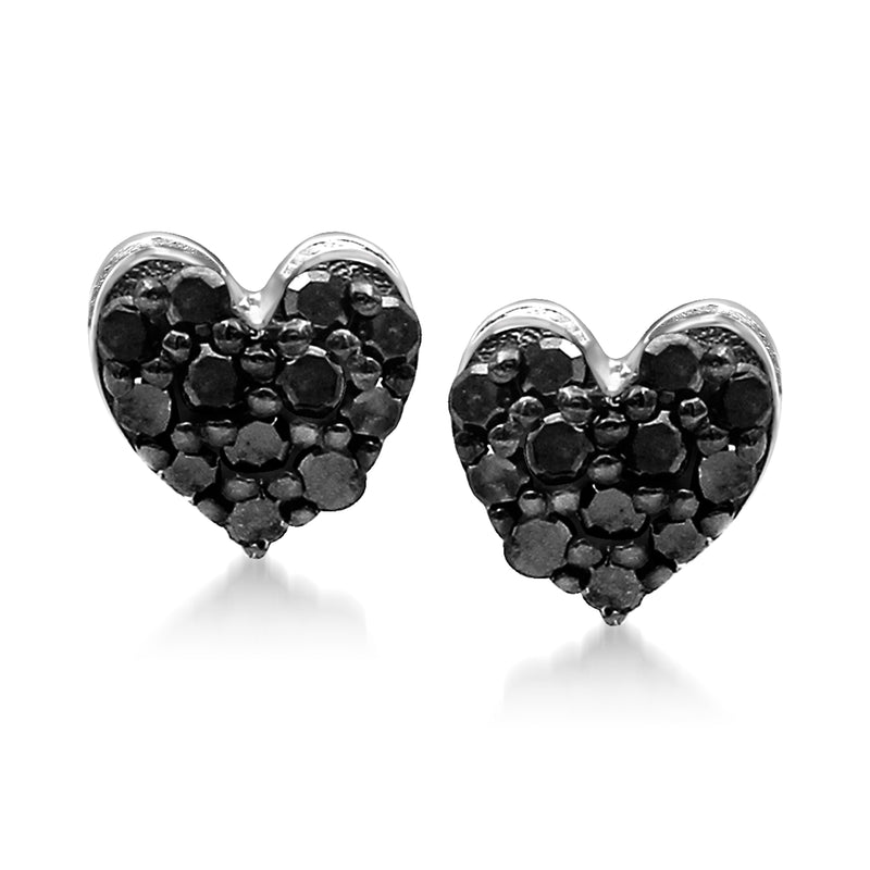 Heart-shaped black diamond stud earrings in sterling silver, black stone heart