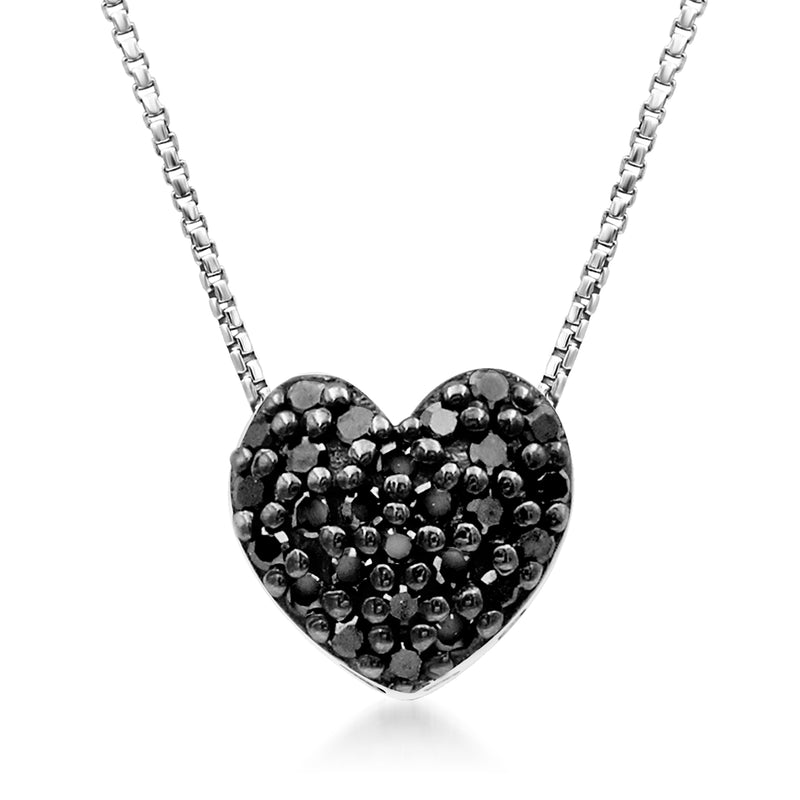 Sterling silver heart pendant necklace with black diamonds, silver chain