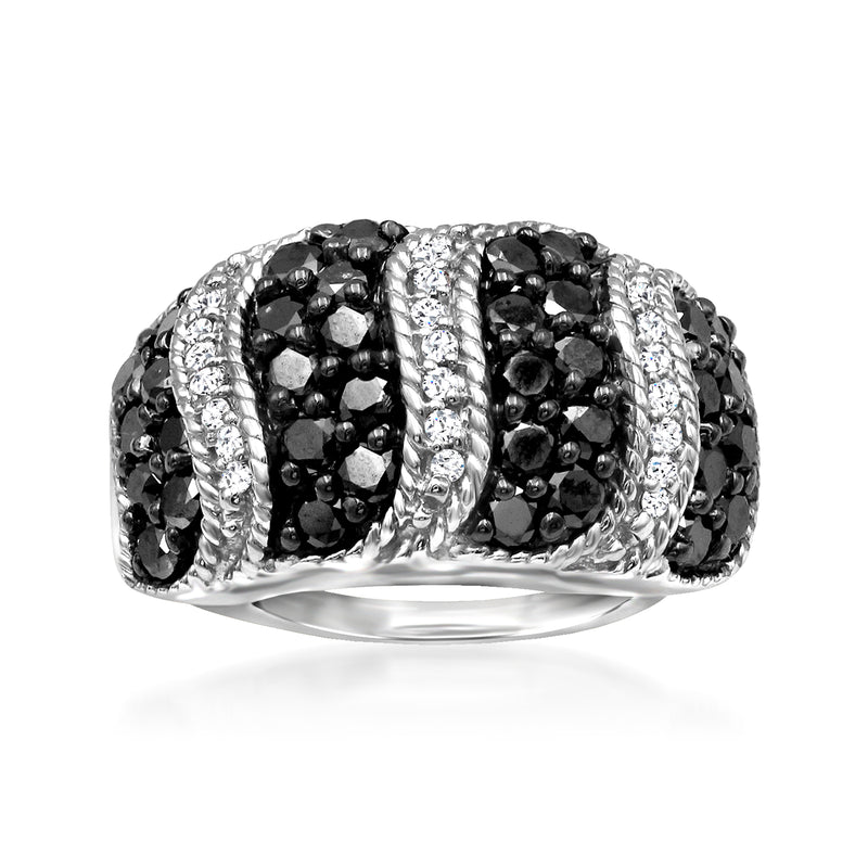 Wavy sterling silver diamond ring with black and white stones in alternating bands