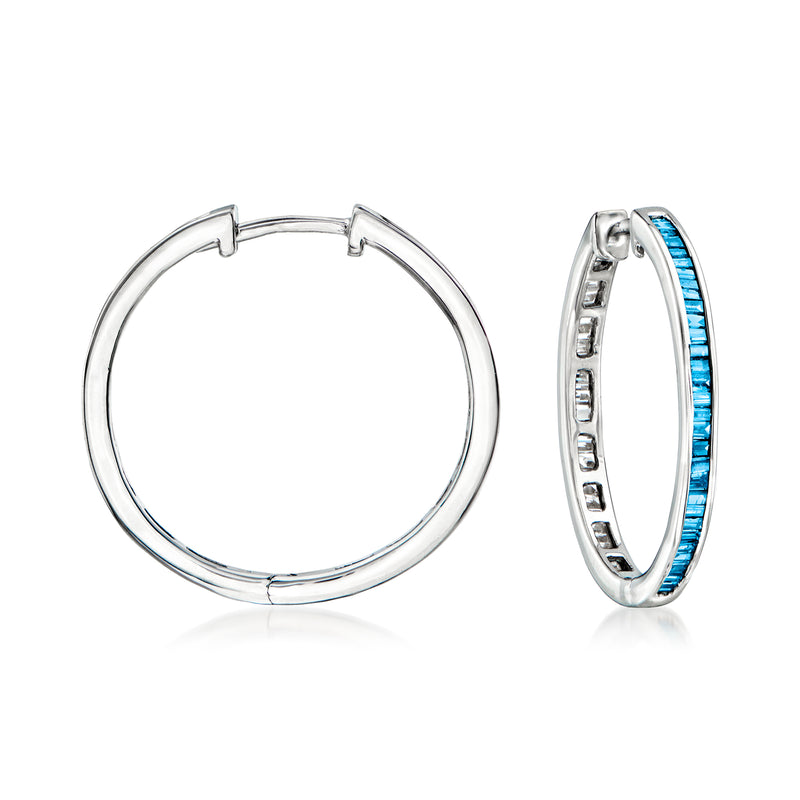 Sterling silver reversible hoop earrings with blue and clear stones, hinged clasp style
