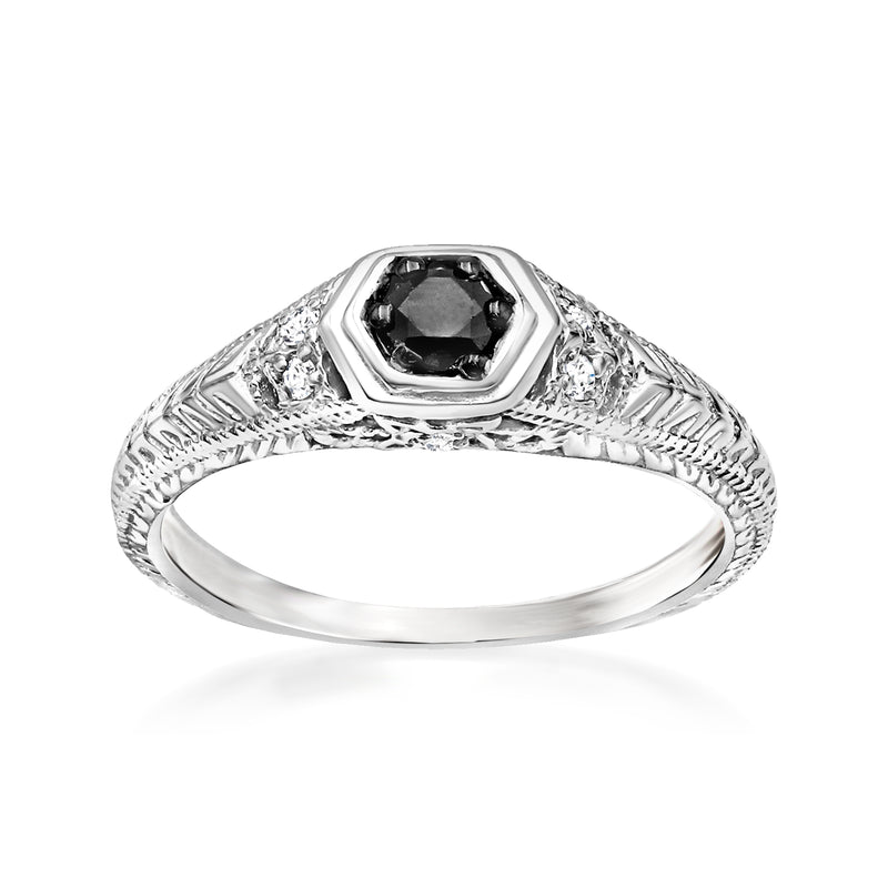 Sterling silver black diamond ring with octagon bezel and white diamond accents