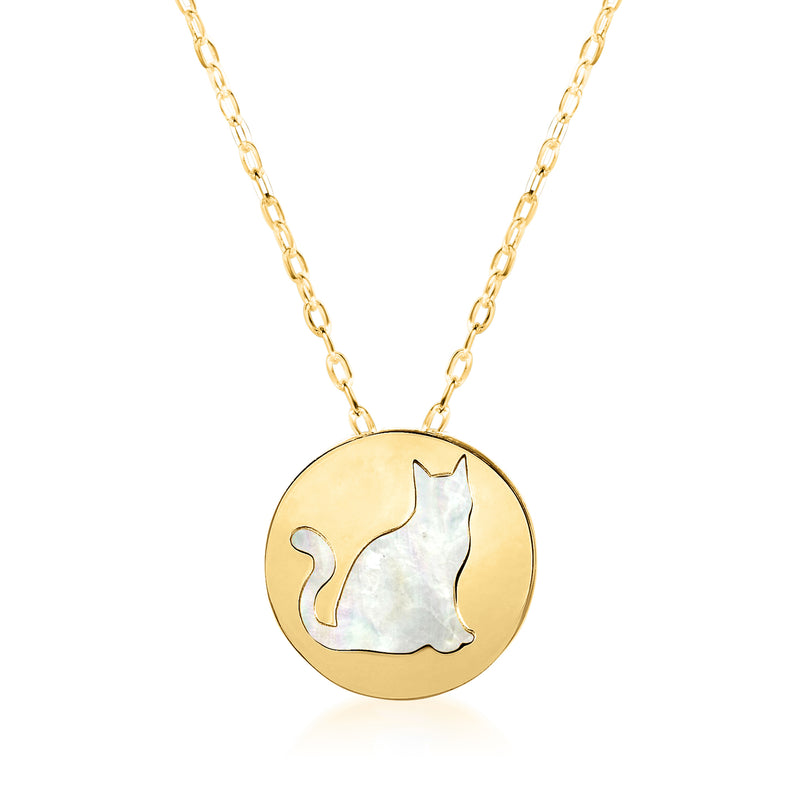 14kt yellow gold necklace with round cat mother-of-pearl pendant