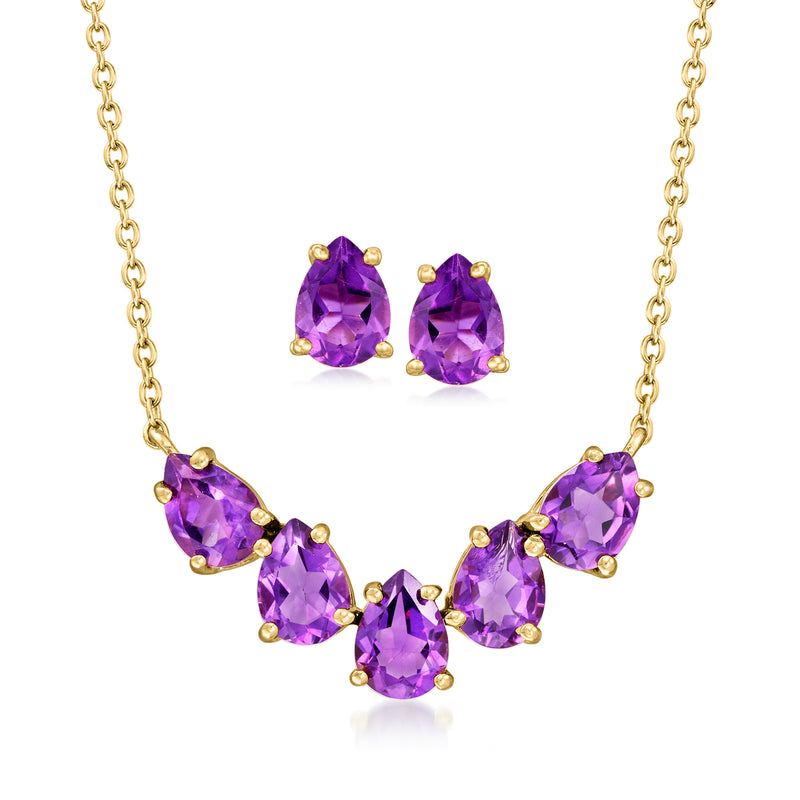 Gold-tone amethyst necklace with five purple stones and matching stud earrings set