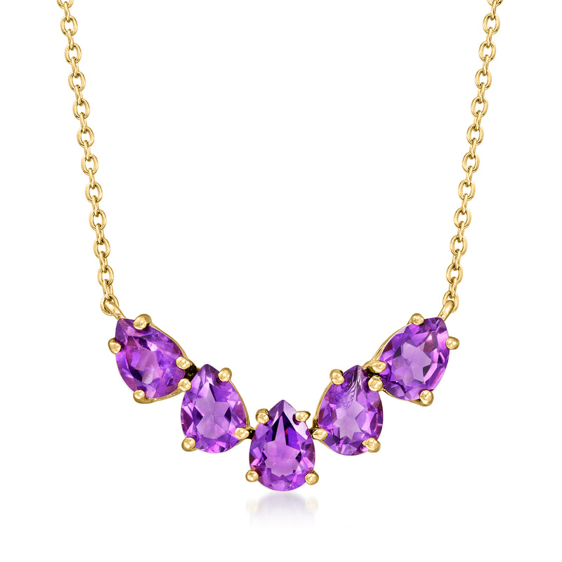 Gold-tone amethyst five-stone pendant necklace with purple pear-shaped stones