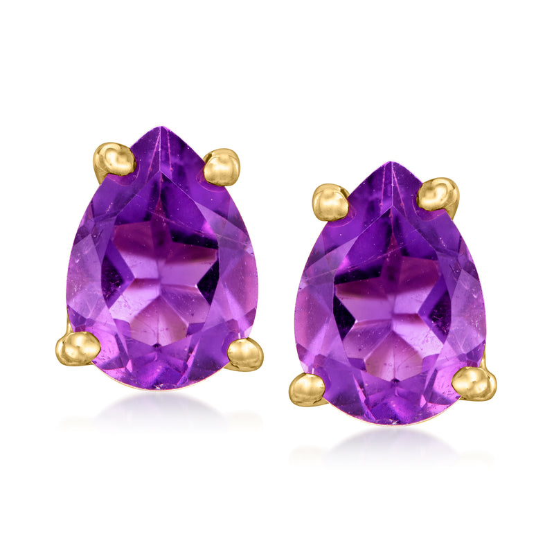 Gold-tone amethyst stud earrings with large pear-shaped purple stones