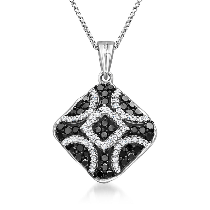 Sterling silver diamond pendant with black and white stones, diamond-shaped