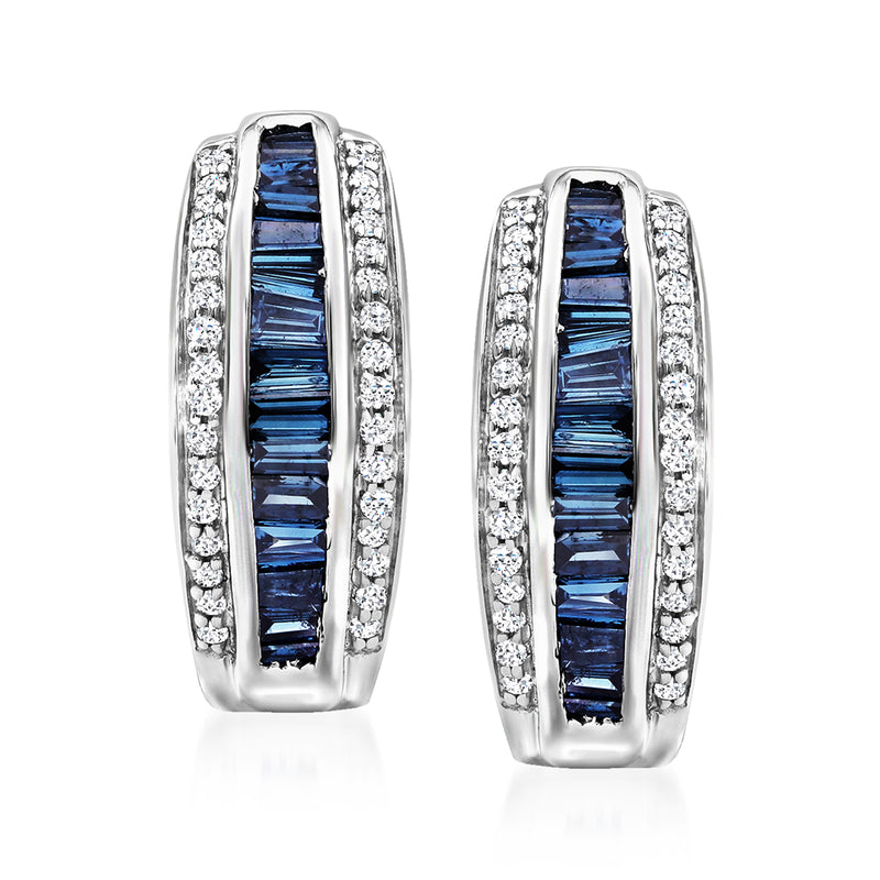 Sterling silver hoop earrings with blue baguette and white diamond accents