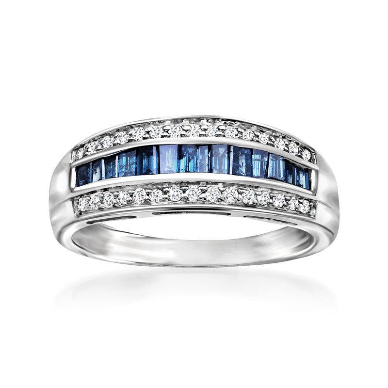 Sterling silver diamond ring with blue bar center and white pave stones