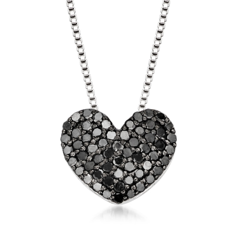 Sterling silver heart pendant necklace with black diamond pave setting