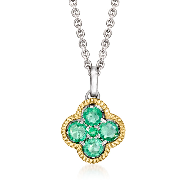 Floral emerald pendant necklace with green gemstones, sterling silver chain, yellow gold frame