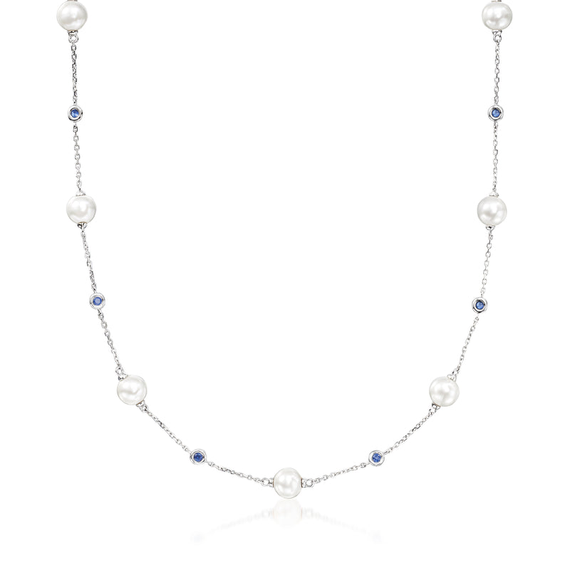 14kt white gold necklace with 6–6.5mm cultured pearls and blue sapphire drops