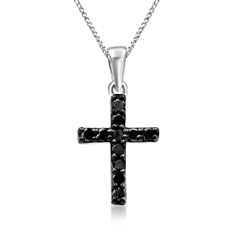 Sterling silver cross pendant necklace with black diamond accents and silver chain