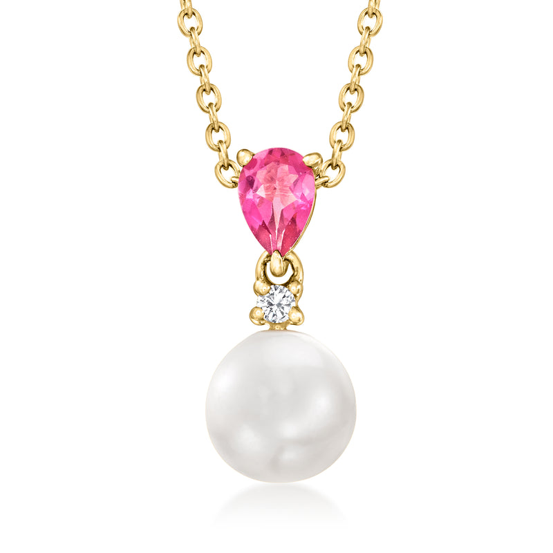 Gold chain pendant with pink teardrop gemstone and white cultured pearl below