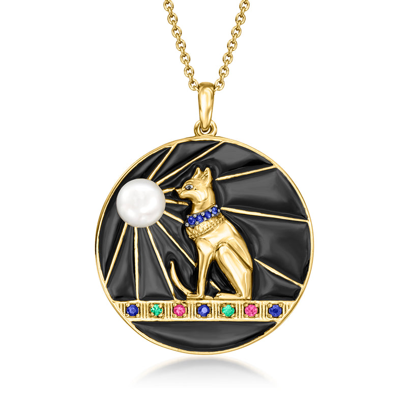 Gold-tone Egyptian cat goddess pendant necklace with black enamel, pearl, and gem collar