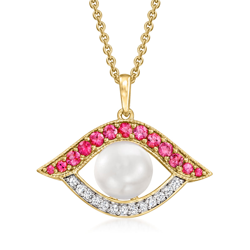 Gold evil eye pendant necklace with cultured pearl center, pink ruby-like stones, clear accents