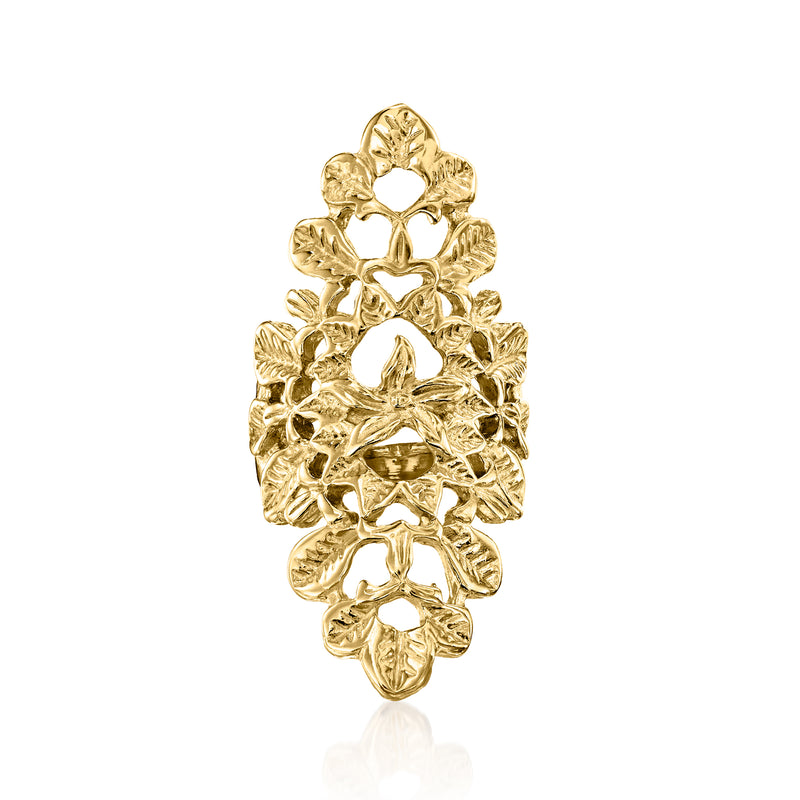 Gold over sterling floral dinner ring with openwork leaf-and-flower design