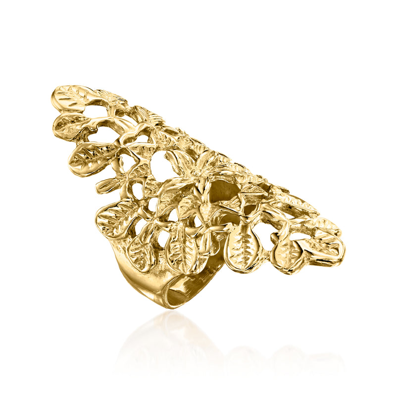 Gold over sterling floral dinner ring, side view with scalloped floral openwork