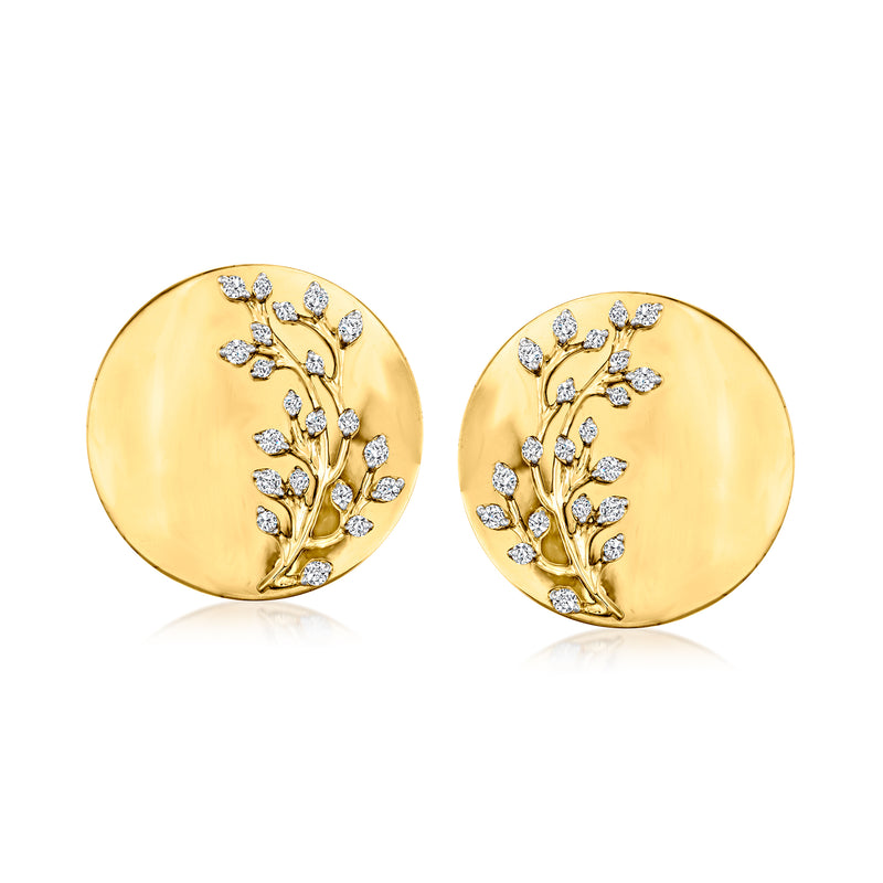 Gold-tone round medallion stud earrings with diamond vine tree motif, post backs