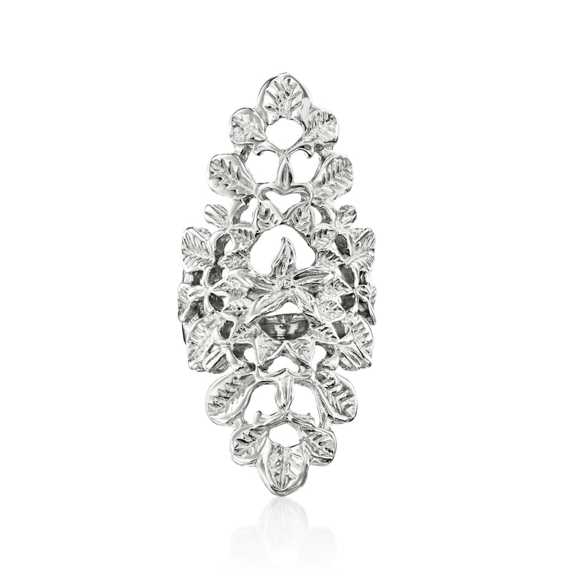 Sterling silver floral dinner ring with raised leaf and blossom details
