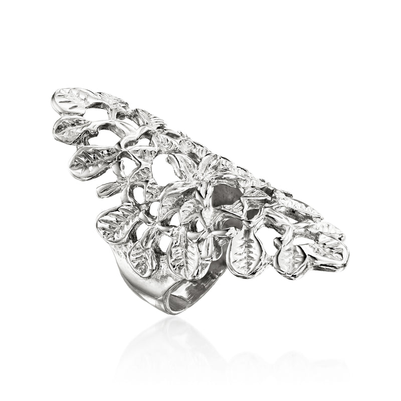 Sterling silver floral ring, side view with raised engraved petals and leaves