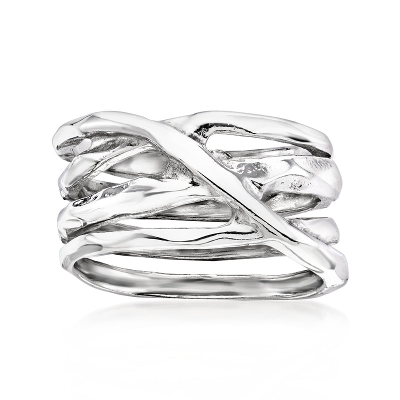 Italian sterling silver highway ring with polished crisscross interwoven bands