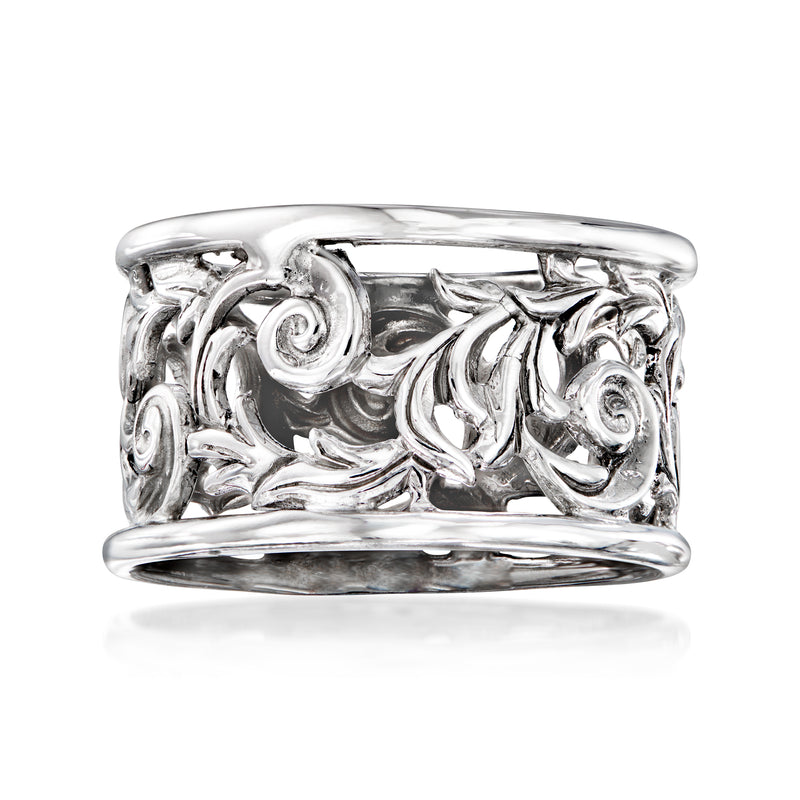 Sterling silver floral openwork cuff ring with engraved scrollwork and scalloped edge