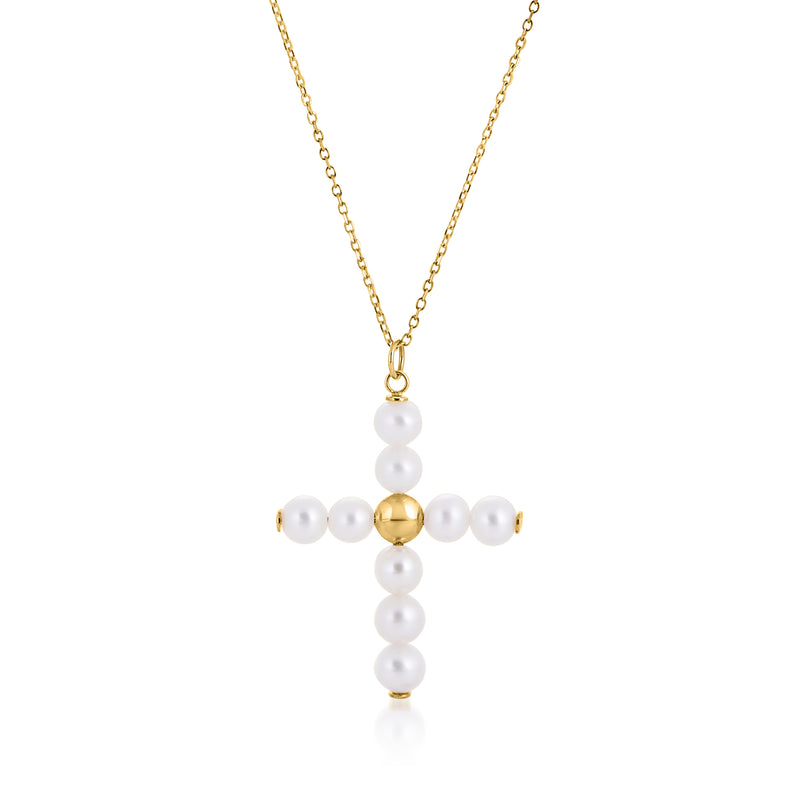 14kt yellow gold cross pendant necklace with white cultured pearl beads and chain