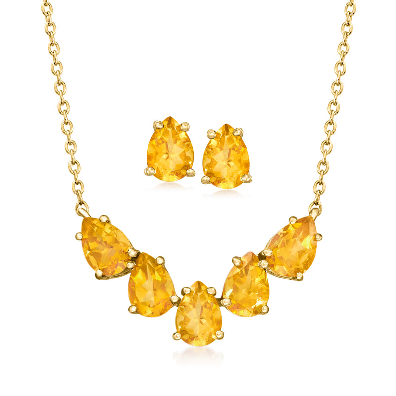 Gold-tone citrine jewelry set: teardrop necklace with matching stud earrings