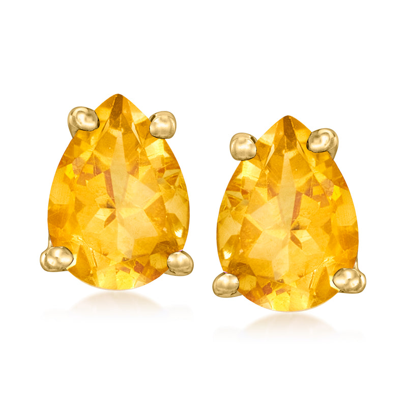 Gold-tone teardrop citrine stud earrings with four small round accents